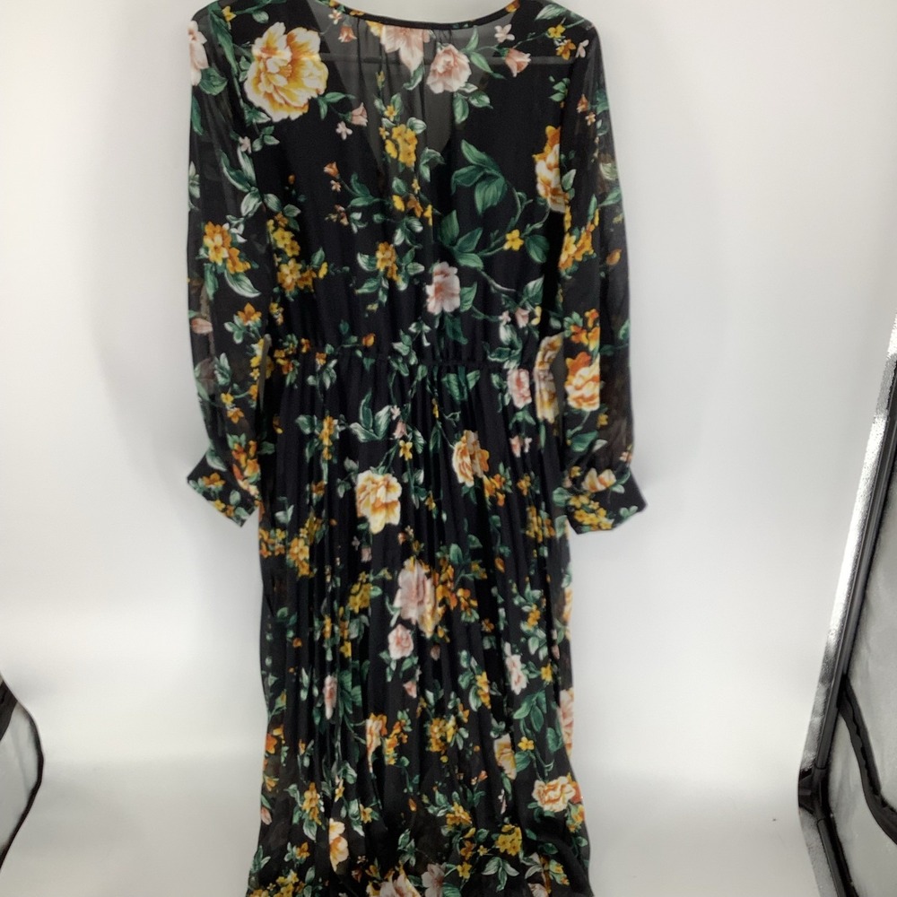 Indigo Rose Black Floral Pleated Maxi Dress V-Neck Long Sleeve Women's Sz L - Picture 4 of 6